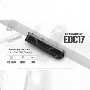 Nitecore EDC17 1500 Lumen Rechargeable EDC Flat Flashlight with White LED, UV, and Green Laser