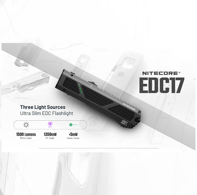 Nitecore EDC17 1500 Lumen Rechargeable EDC Flat Flashlight with White LED, UV, and Green Laser