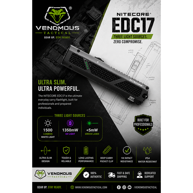 Nitecore EDC17 1500 Lumen Rechargeable EDC Flat Flashlight with White LED, UV, and Green Laser - Image 4